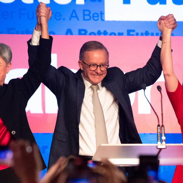 Prime Minister Anthony Albanese on election night with Foreign Affairs Minister Penny Wong and Albanese’s partner Jodie Haydon.