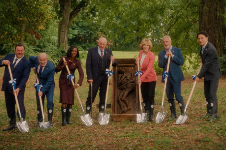 Shovels at the ready, the leaders, including Cate Blanchet as German Chancellor Hilda Ortmann, prepare to unleash some Neanderthal revenge.