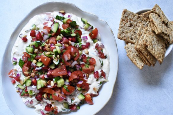 Eat the rainbow with this colourful salsa-topped hummus.