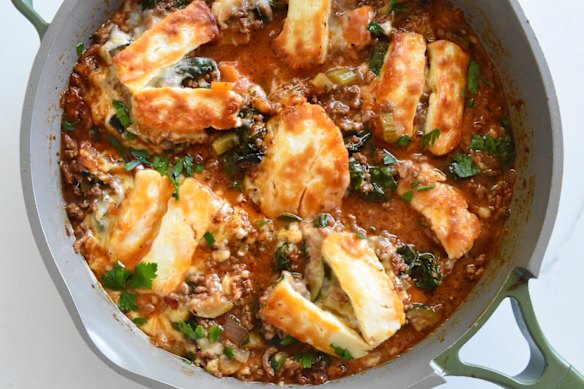 This comforting beef, cherry tomato and halloumi bake comes together without fuss.