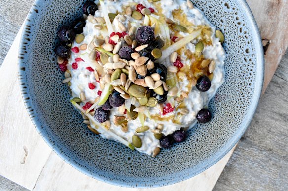 Prep bircher muesli (overnight oats) ahead, but vary the toppings.