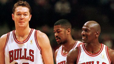 Luc Longley and Michael Jordan pictured in 1997.