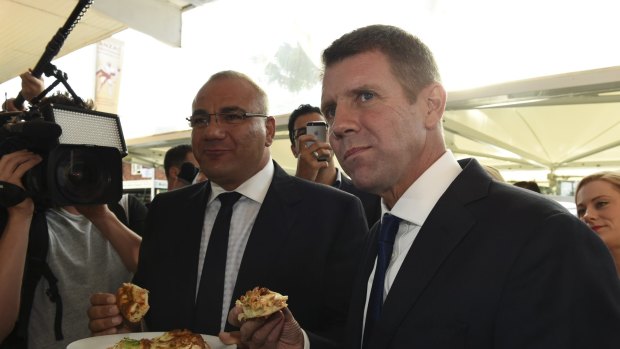 Mike Baird, at the time Premier, on the 2015 campaign trail in Auburn with the Liberal Party's then candidate Ronney Oueik, a former Auburn councillor.