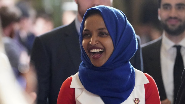 Representative Ilhan Omar arrives for President Donald Trump's State of the Union address.
