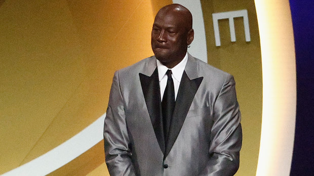 Michael Jordan on stage during the 2021 Basketball Hall of Fame Enshrinement Ceremony on May 15.