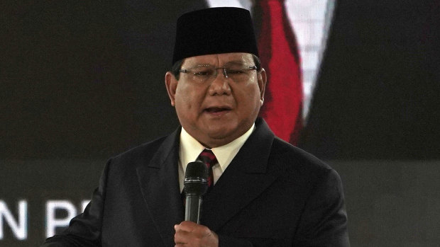Indonesian presidential candidate Prabowo Subianto speaks during the fourth presidential debate in Jakarta on Saturday.