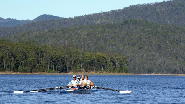 The UK Coxless Four rowing team in training on Hinze Dam before the Sydney 2000 Olympics.