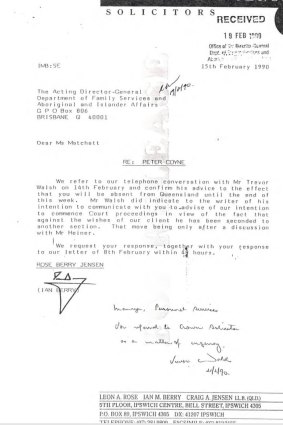 The second letter from Ipswich solicitor Ian Berry in February 1990 requesting documents gathered during the Heiner Inquiry.