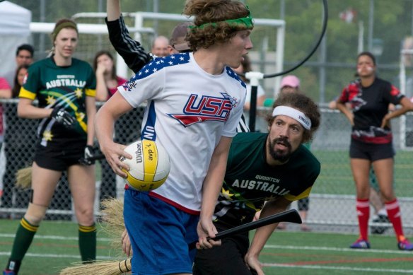 An Australian quidditch team competes against a US team at a championship event in Vancouver.