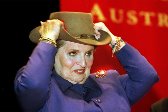 Albright with the Akubra given to her by former foreign affairs minister Alexander Downer during her visit to Australia in 1998. 