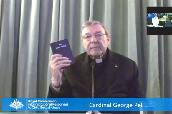 George Pell, in Rome, gives evidence via video link to the Royal Commission in 2016.