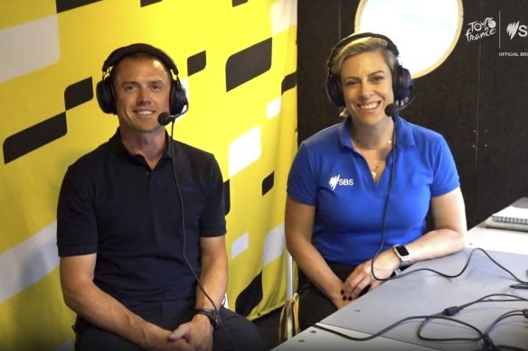 Simon Gerrans and Dr Bridie O’Donnell in the Tour de France commentary box. 