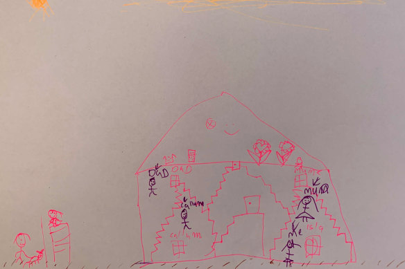 Isla, 6, draws her experience of lockdown, including how she socialises with friends over the fence. 