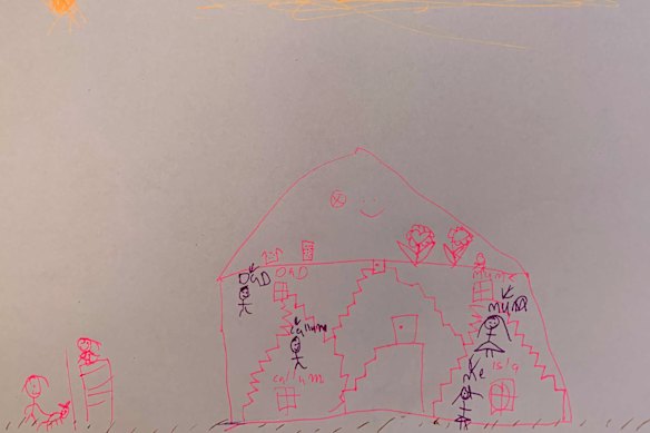 Isla, 6, draws her experience of lockdown, including how she socialises with friends over the fence. 