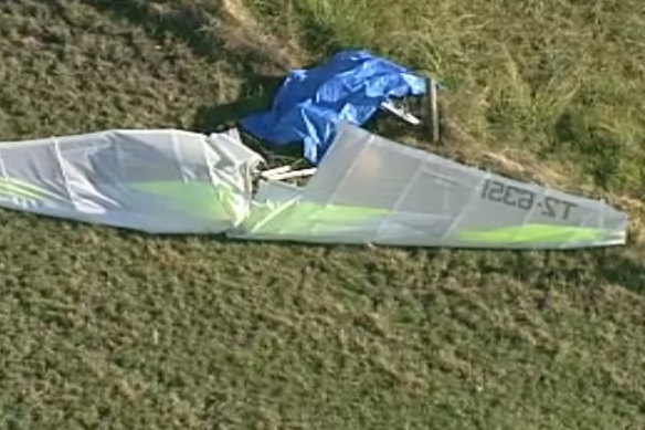 An aerial view of the scene where a man died during an aircraft crash in Koo Wee Rup on Sunday.