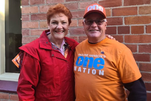 One Nation leader Pauline Hanson stood by Allan Beale, pictured here with him at the North Albury pre-polling centre