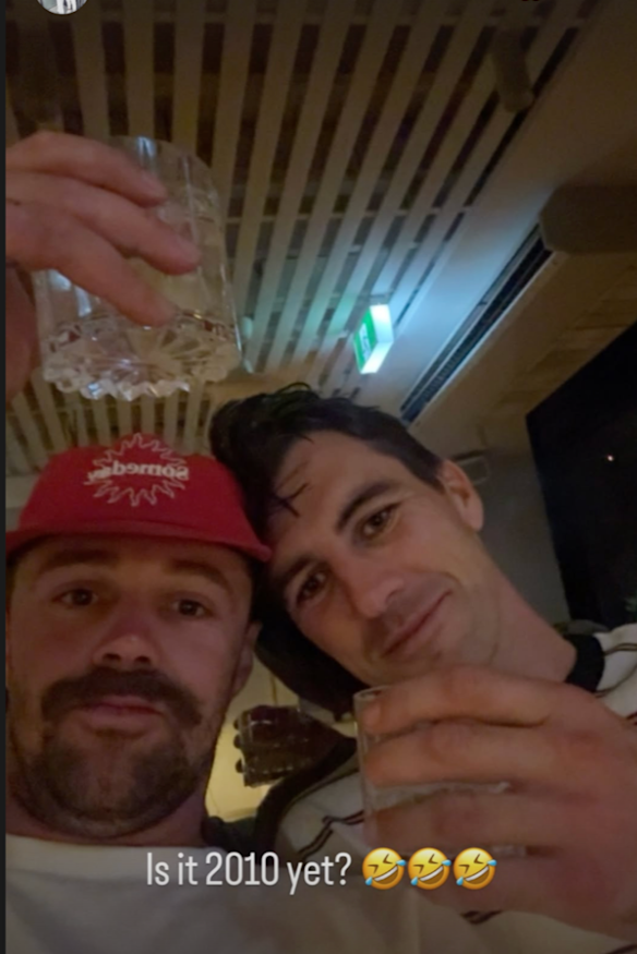 Travis Head and Pat Cummins during Australia’s Ashes celebrations on Sunday evening.