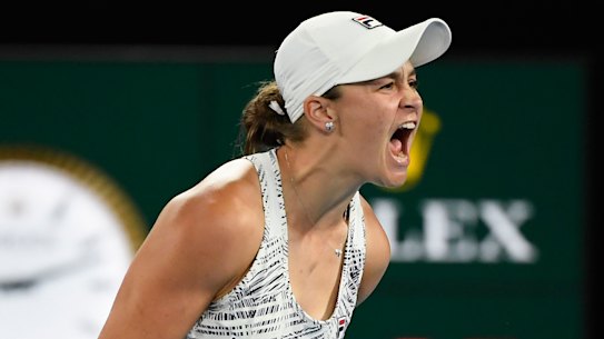 Ash Barty of Australia celebrates after defeating Danielle Collins of the U.S., in the women’s singles final at the Australian Open tennis championships in Saturday, Jan. 29, 2022, in Melbourne, Australia. (AP Photo/Andy Brownbill)