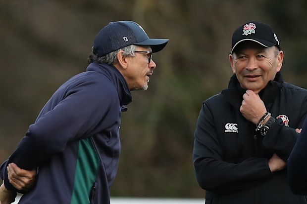England coach Eddie Jones talks to London Irish coach Les Kiss in 2019.