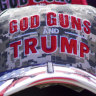 Hats reading, “God, Guns and Trump” and “Jesus is my saviour, Trump is my president” are sold at a campaign rally.
