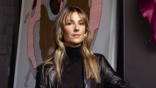 Shona McElroy at her studio in Paddington, Sydney. She wears a leather coat from Citizen Concept Store in Paris, Cos turtleneck, Zara jeans, Christian Louboutin shoes, earrings from Bottega Veneta and her Cartier Tank.
