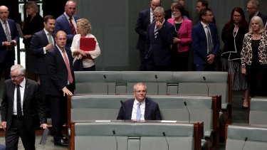 Lonely at the top: Prime Minister Scott Morrison during debate in the House of Representatives at Parliament House in Canberra on  Thursday.