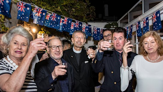Members of the Australian Monarchist League, including Philip Benwell (second from left), at a gathering in Sydney’s Paddington last year.