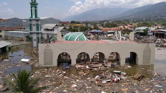 The ruin of a mosque badly damaged by earthquake and tsunami is seen in Palu on Saturday.