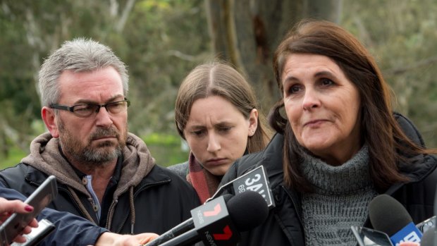 Karen's husband, Borce, their daughter, Sarah, and Karen's aunt Patricia Gray, speaking to the media in 2016 to appeal for help to find the missing mother.