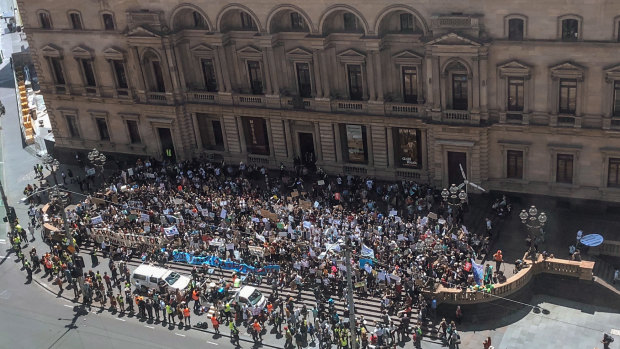 Thousands of students protested in Melbourne at the first climate strike in 2018.