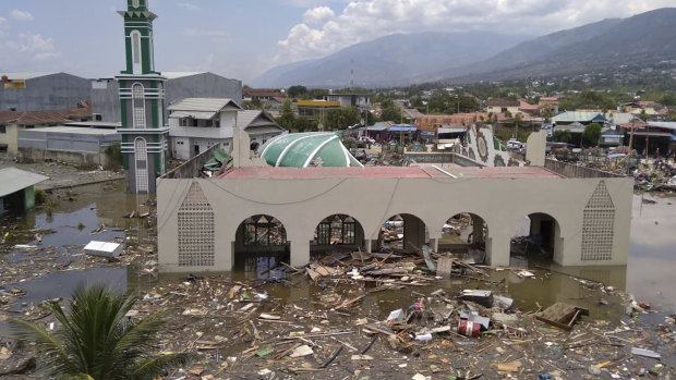 The ruin of a mosque badly damaged by earthquake and tsunami is seen in Palu on Saturday.