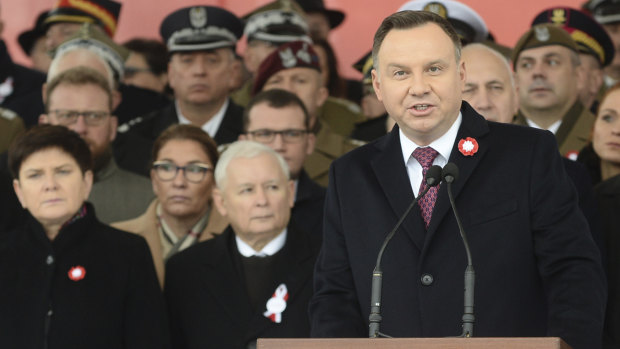 Polish President Andrzej Duda speaks during the official ceremony marking Poland's Independence Day in Warsaw on Sunday. The country regained its sovereignty at the end of World War I after more than a century. 