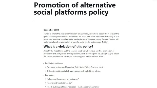 Twitter’s new policy, which appeared online late Sunday night and was removed by lunchtime Monday.