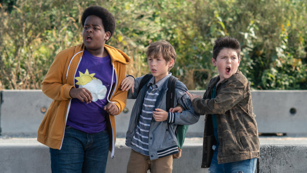 Irresponsible scene as Lucas (Keith L. Williams), from left, Max (Jacob Tremblay) and Thor (Brady Noon) dodge traffic in Good Boys.