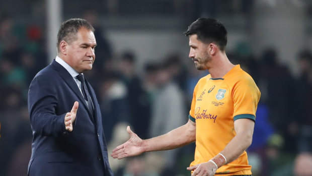 Dave Rennie and Jake Gordon after the Wallabies’ loss to Ireland.