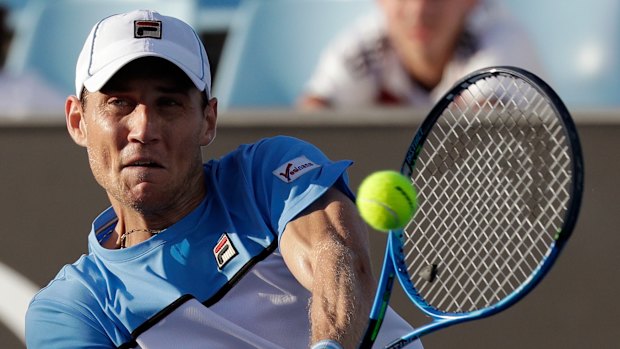 Uncommitted on Hewitt: Matthew Ebden makes a backhand return to Germany's Jan-Lennard Struff in their first round match at the Australian Open on Monday.