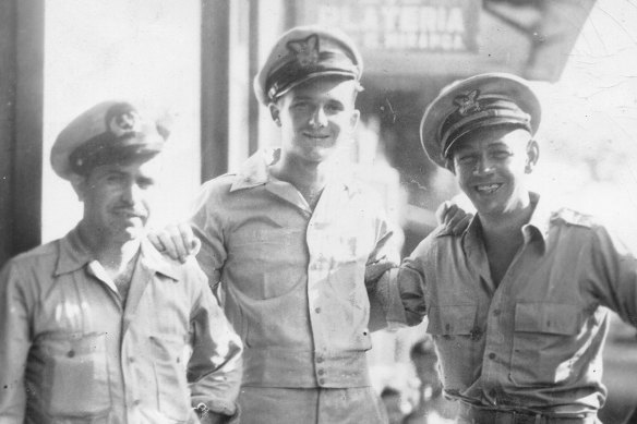 Len McLeod (middle) with two friends from the US Army Small Ships, on leave in Rizal Avenue, Manila, in 1945.