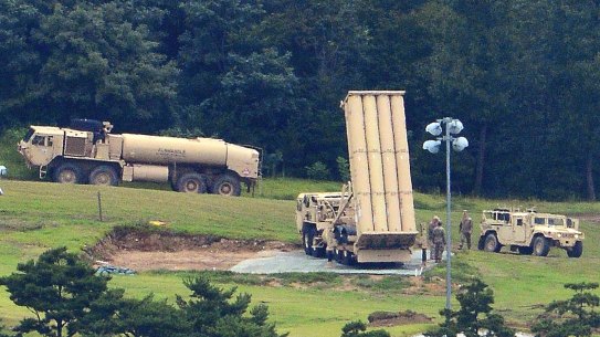 US missile defense system called Terminal High Altitude Area Defense, or THAAD, is seen at a golf course in Seongju, South Korea.