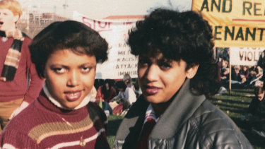 Kamala Harris (right) with friend Gwen Whitfield at a 1982 anti-apartheid protest during her freshman year at Howard University in Washington.