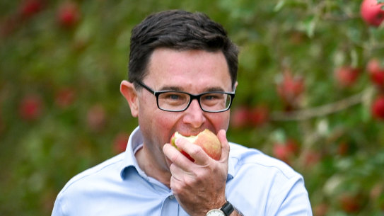 Nationals leader David Littleproud, in an apple orchard in Shepparton, is worried about independents eating into his party’s seats in Victoria. 
