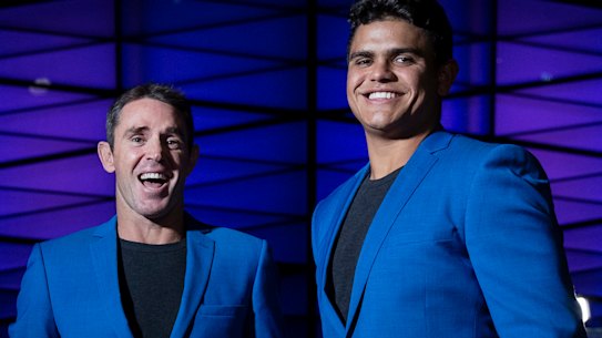 Happier times ... NSW coach Brad Fittler and centre Latrell Mitchell.