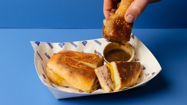 The French Dip from Sammy's, which features roast beef, caramelised onion, melted cheddar, mustard and beef jus.