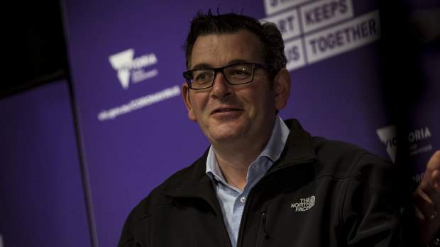 Victorian Premier Daniel Andrews smiles while making a point during his press conference on Saturday.