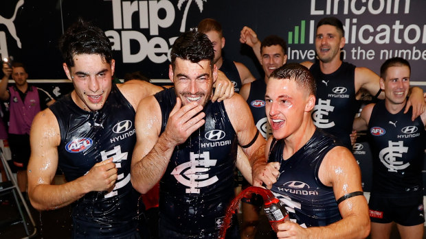 George Hewett (middle) has been important to Carlton’s rise in 2022.