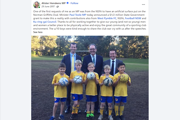 NSW MP for Wahroonga Alister Henskens’ Facebook post from June 2017 about funding for Norman Griffiths Oval in West Pymble.