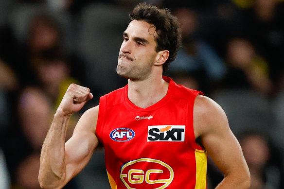 Spearhead Ben King celebrates a goal against Richmond at the weekend.