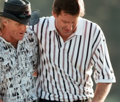 Greg Norman is comforted by Nick Faldo after Faldo won the 1996 Masters. Norman was 6 shots ahead at the start of the final round but lost.