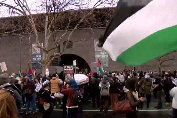 Pro-Palestine protesters outside the NGV in July 2025.