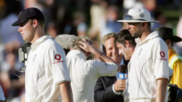 Andrew Flintoff and Steve Harmison trudge off Adelaide Oval after Mike Hussey hits the winning runs on the fifth day of the second Test in 2006. 