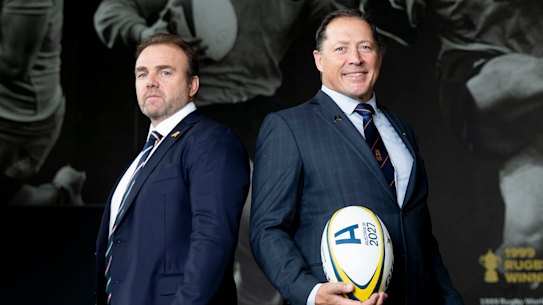 Rugby Australia chief executive Andy Marinos and RWC bid executive director Phil Kearns.